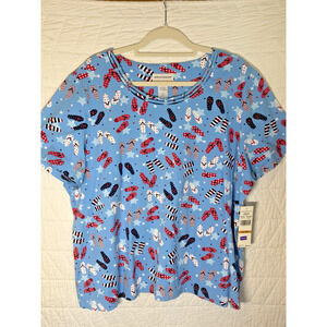 Alfred Dunner Flip Flop Graphic Top 3X Blue Patriotic Short Sleeve USA Lagenlook